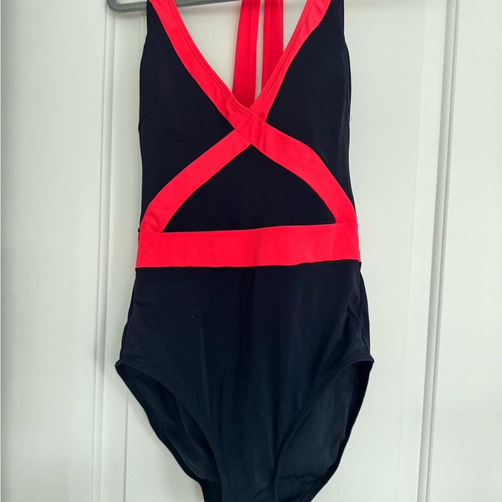 Boden navy halter swimsuit with pink detail